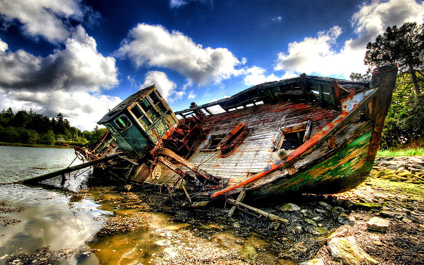 SHIP WRECK, river, wreck, abandoned, ship, r HD wallpaper