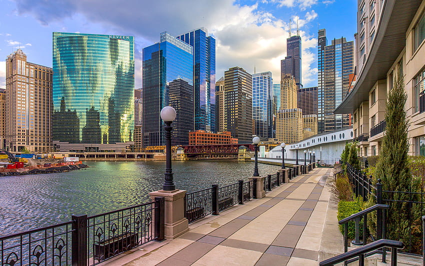 Chicago city USA Street Waterfront Skyscrapers, 2048x1280 HD wallpaper