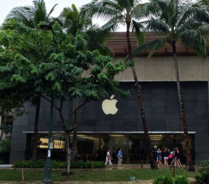 Apple shop Waikiki Beach, Hawaii, coloré, hawai, technologie, waikiki, signe, entreprise, magasin, nouveau, palmiers, avenue, chaud, beau, téléphone, été, iphone, boutique, vert, pomme, ordinateur Fond d'écran HD