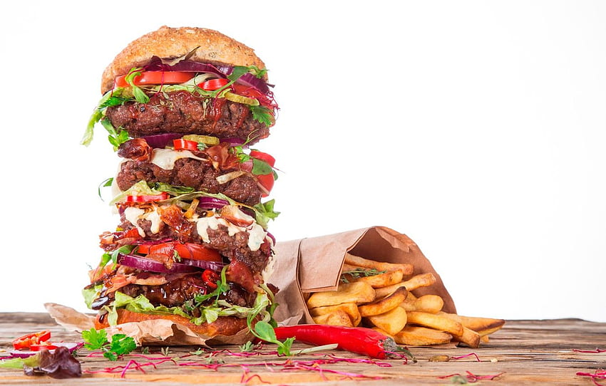 Paket, Fleisch, weißer Hintergrund, Pfeffer, Sandwich, Gemüse, Hamburger, Fast Food, Pommes frites für , Abschnitt еда -, Junk Food HD-Hintergrundbild