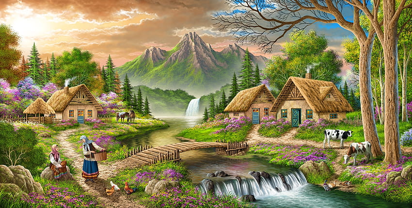 Escena rural idílica, vaca, pintura, arte, pictura, casa, abolfazl mirzabeygi, niña, agua fondo de pantalla