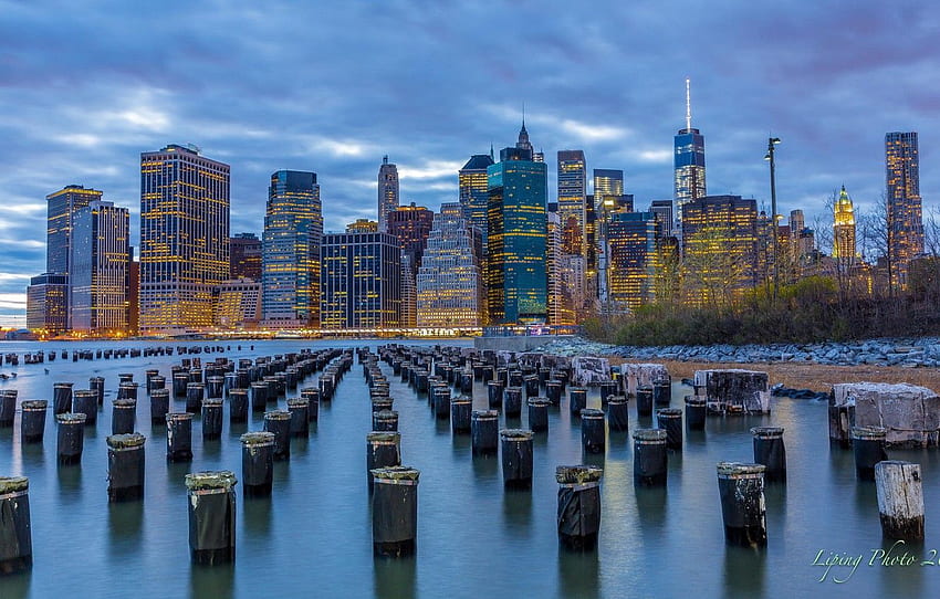 kota, New York, gedung pencakar langit, malam hari, AS, Lower Manhattan Wallpaper HD
