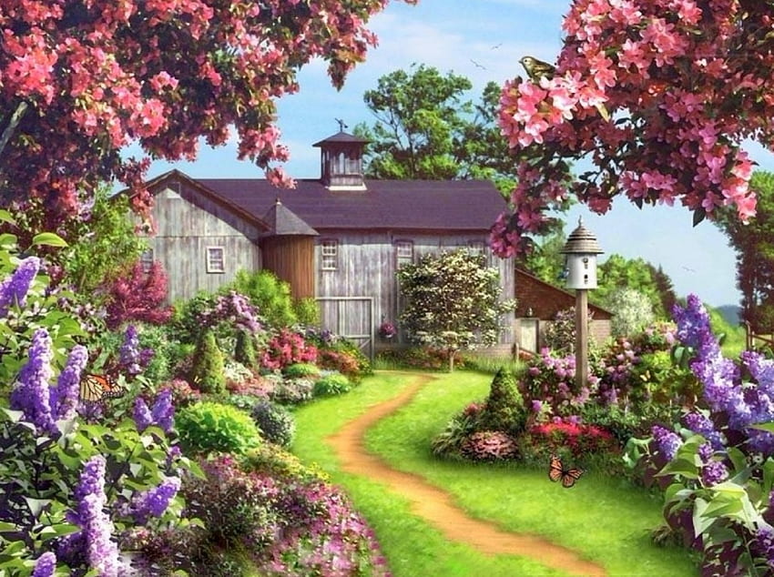 วันฟ้าใส สถานที่ท่องเที่ยวในฝัน บ้าน ทางเดิน สวน ฤดูร้อน รักสี่ฤดู ลายผีเสื้อ ธรรมชาติ ดอกไม้ บ้าน วอลล์เปเปอร์ HD