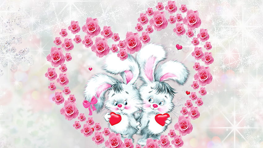 Bunny Love, bunnes, roses, lapins, mignon, lapin, amour, fantaisiste, coeur, saint valentin Fond d'écran HD