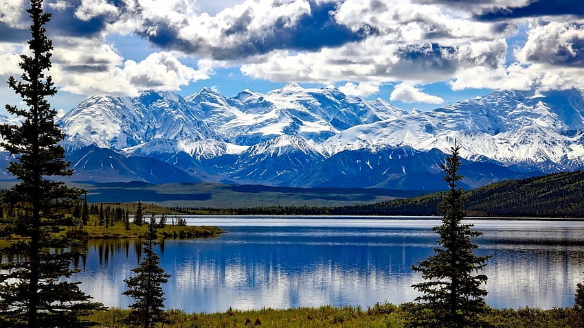 Mountains, Snow, Lake, Denali National Park, Alaska, Clouds, Trees for Laptop, Notebook HD wallpaper