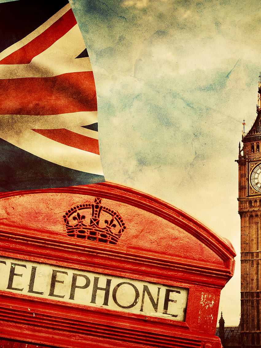 Londyński telefon vintage brytyjska flaga Big Ben [] na telefon komórkowy i tablet. Przeglądaj flagę Wielkiej Brytanii. Union Jack, flaga brytyjska, tło flagi, estetyka Wielkiej Brytanii Tapeta na telefon HD