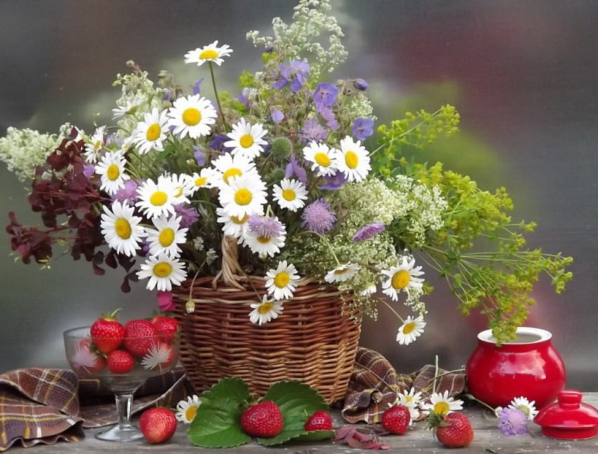 Still life, basket, flowers, arrangement, daisies HD wallpaper