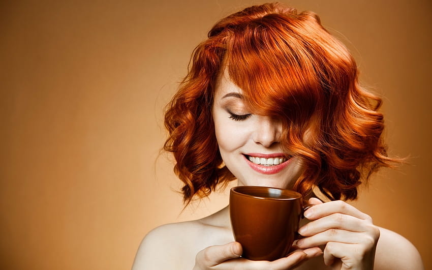 Good morning, model, smile, girl, cup, orange, hand, woman, redredhead, face HD wallpaper