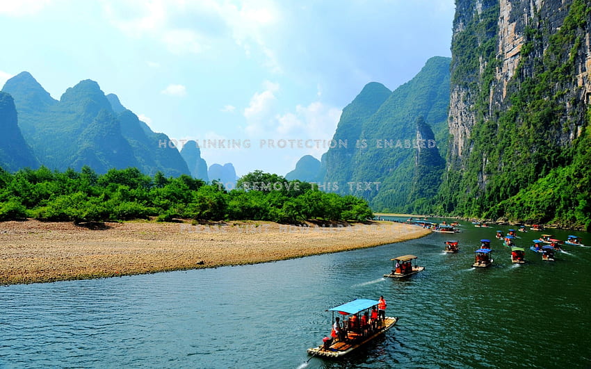 barche fluviali in Cina montagne natura vista, barca cinese Sfondo HD