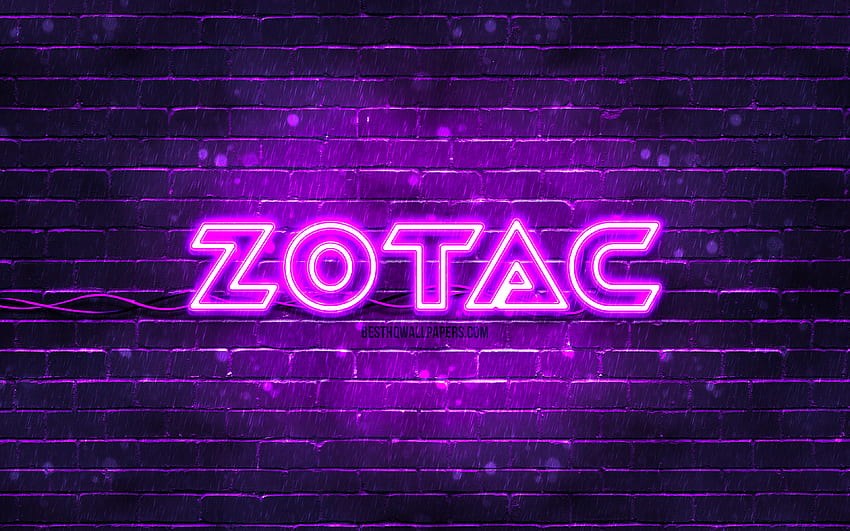 Zotac violet logo, , violet brickwall, Zotac logo, brands, Zotac neon logo, Zotac HD wallpaper