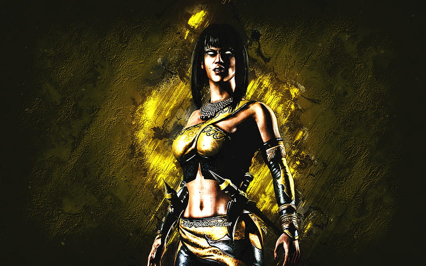 Tanya Mortal Kombat Mobile Tanya MK Mobile Mortal Kombat พื้นหลังหินสีเหลือง ตัวละคร Mortal Kombat Mobile ศิลปะกรันจ์ Tanya Mortal Kombat วอลล์เปเปอร์ HD