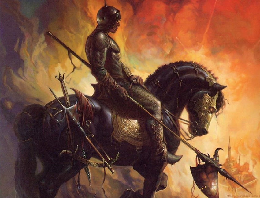 guerrero veterano, caballo, lanza, casco, guerrero fondo de pantalla