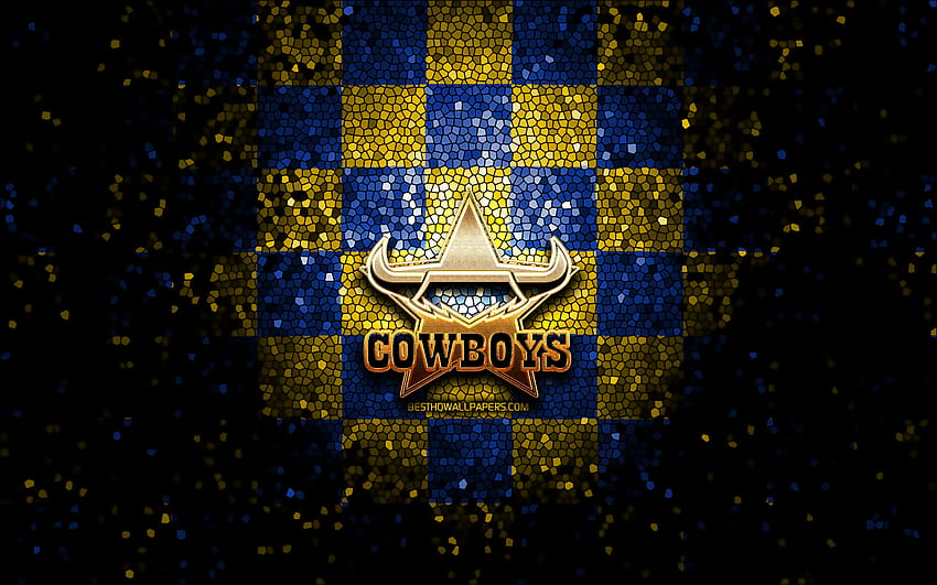 NQ Cowboys, brokatowe logo, NRL, żółto-niebieskie tło w kratkę, rugby, australijski klub rugby, logo NQ Cowboys, mozaika, National Rugby League Tapeta HD