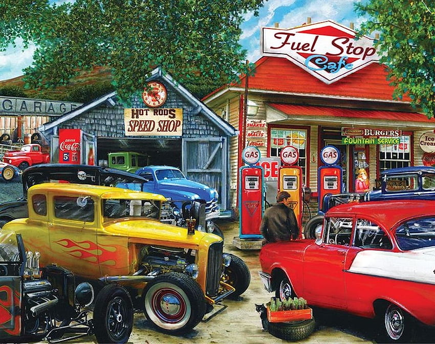 Fuel Stop Cafe, hot rods, cafe, fuel, garage, cars, gas pumps HD wallpaper