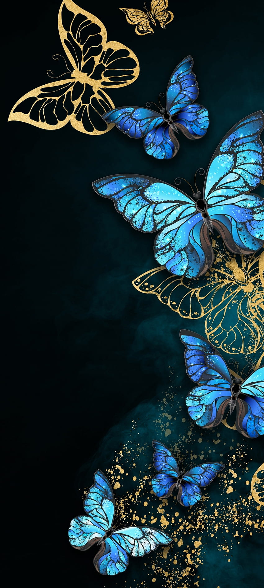 豪華な青い蝶、アクア、美しい、蛾と蝶、プレミアム、カラフル、ゴールデン HD電話の壁紙