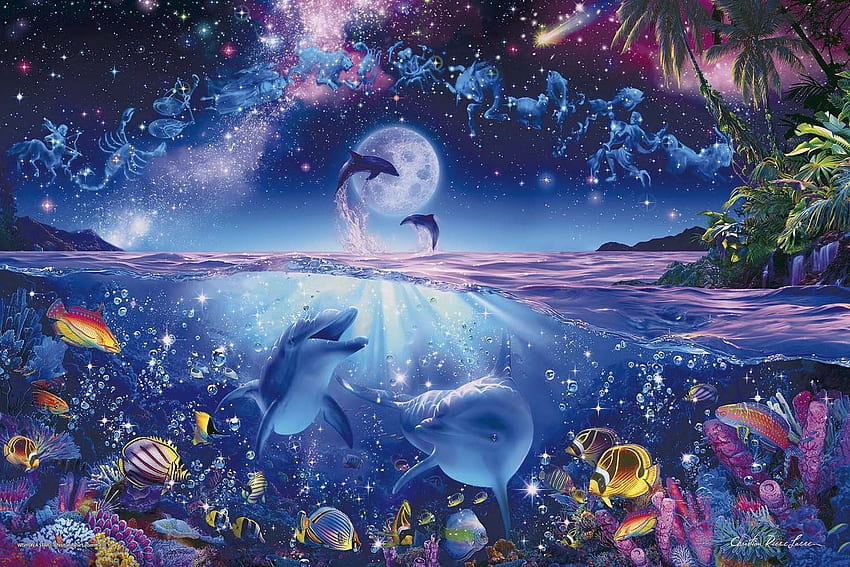 Moonlight, blue, sea, art, dolphin, summer, pink, painting, moon, fantasy, pictura, luna, fish, luminos, water HD wallpaper
