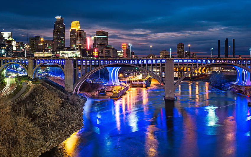 ミネアポリス、ミネソタ州、夜、橋、ミシシッピ川、ミネアポリスの街並み、アメリカ 高画質の壁紙