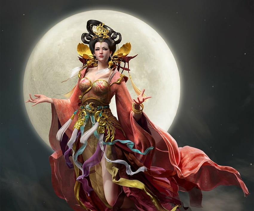 Moon goddess, red, rootworkshop, moon, fantasy, luna, girl, goddess HD wallpaper