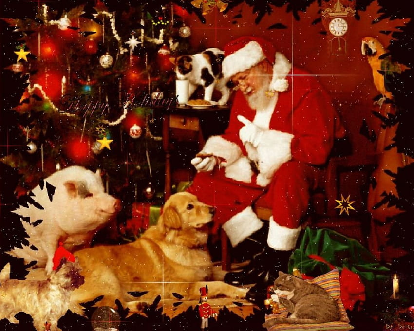 Santa dan hewan peliharaannya, hewan, anjing, natal, desember, tahun baru, santa, babi Wallpaper HD