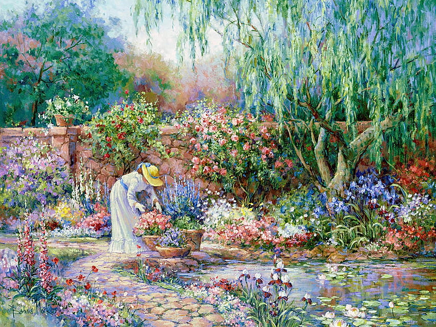 Her Garden, painting, plants, blossoms, trees, wall, flowers, woman HD wallpaper