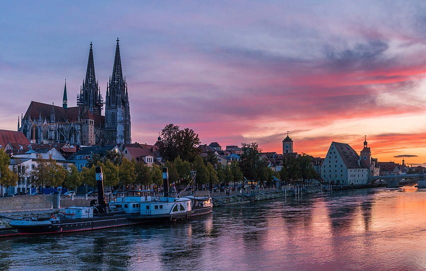ท้องฟ้า ต้นไม้ พระอาทิตย์ตก สะพาน แม่น้ำ บ้าน เยอรมนี พระราชวัง เรือ Regensburg สำหรับ หมวด город วอลล์เปเปอร์ HD