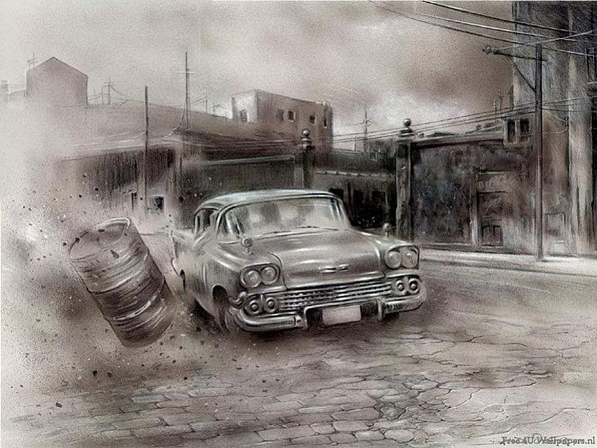 Hurricane and Car, car, hurricane, black and white HD wallpaper
