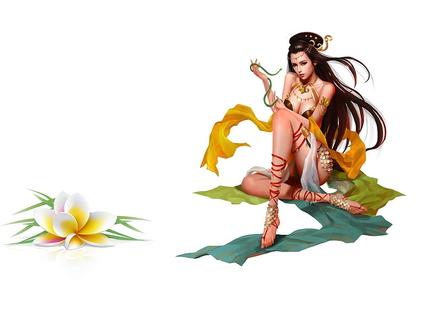 Snake Lady, змия, frumusete, азиатски, момиче, фантазия, цвете, жълто, игра, luminos HD тапет