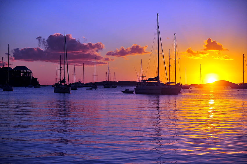 Natura, morze, słońce, łodzie Tapeta HD