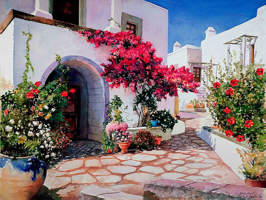 Belo pátio, azul, branco, tijolo, casa, varanda, vasos de flores, escadas, arco, pedra, flores papel de parede HD