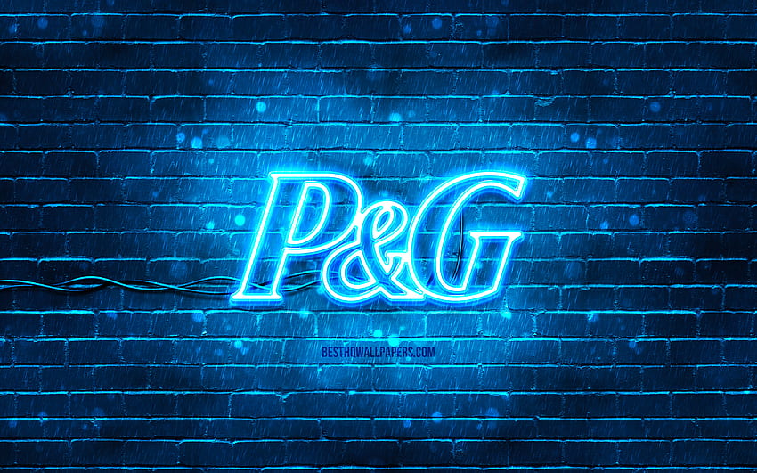 Blaues Logo von Procter and Gamble, , blaue Ziegelwand, Procter and Gamble-Logo, Marken, Neon-Logo von Procter and Gamble, Procter and Gamble HD-Hintergrundbild