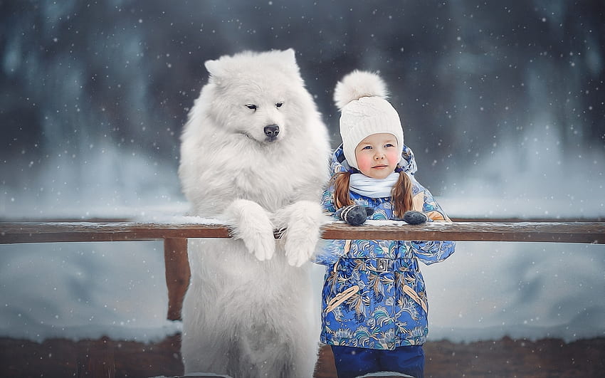 Friends at Winter, winter, dog, girl, friends HD wallpaper