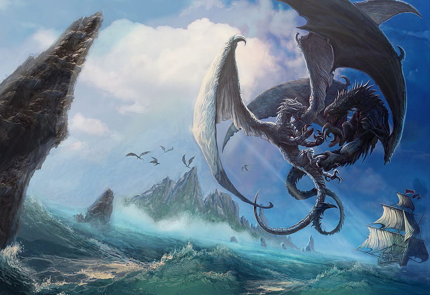 Fantasy Dragon Wave Ocean Boat Fight . Fantasy artwork, Background , Fantasy dragon, Western Dragon HD wallpaper