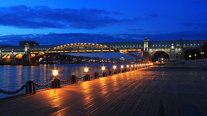 Bridges: Boardwalk Bridge River Lights Night for HD wallpaper