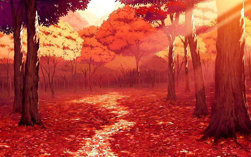 애니메이션 풍경 가을 붉은 나무. Univers 망가, Paysage automne HD 월페이퍼