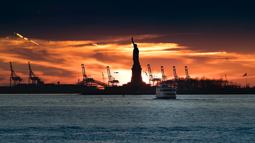 estatua de la libertad, río hudson, ciudad de nueva york, isla ellis, monumento, puesta de sol, arquitecto fondo de pantalla