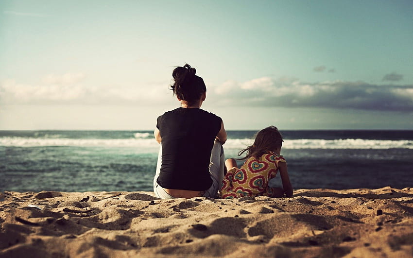 A woman and her daughter sitting in the sand on the beach, Beach People HD wallpaper