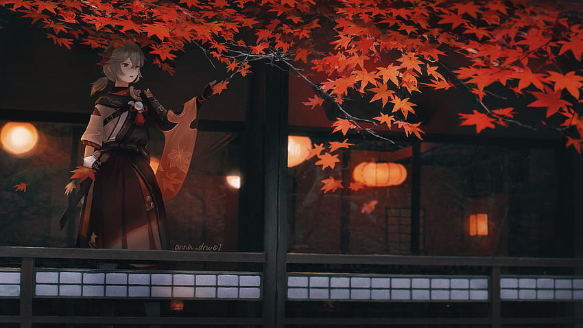 Kaedehara Kazuha Laranja Outono Folhas Árvores Genshin Impacto papel de parede HD