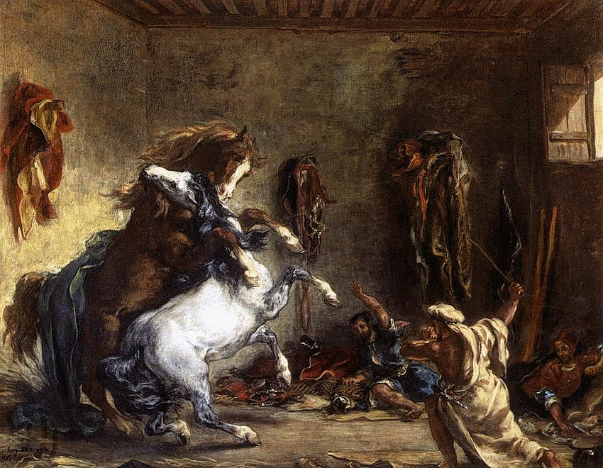 Cavalos árabes lutando em um estábulo por Eugène Delacroix. Eugène delacroix, Optimus prime , Pintura de cavalos, Eugene Delacroix papel de parede HD