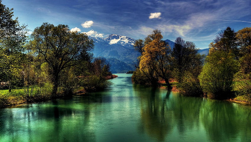 Gün Batımında Güzel Nehir, ağaçlar, Bavyera, yeşil sular, Almanya, dağlar HD duvar kağıdı