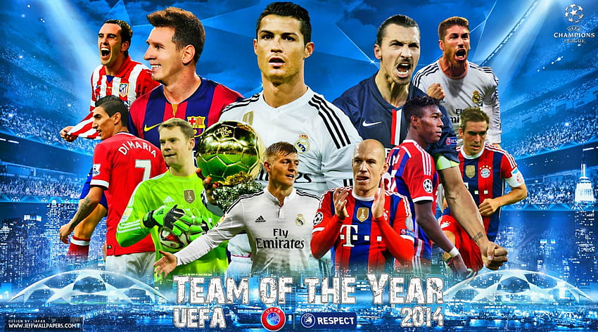 UEFA TEAM OF THE YEAR 2014, real madrid, fc barcelona, ​​uefa, lionel messi, bayern munchen, liga champions, robben, cristiano ronaldo, zlatan ibrahimovic Wallpaper HD
