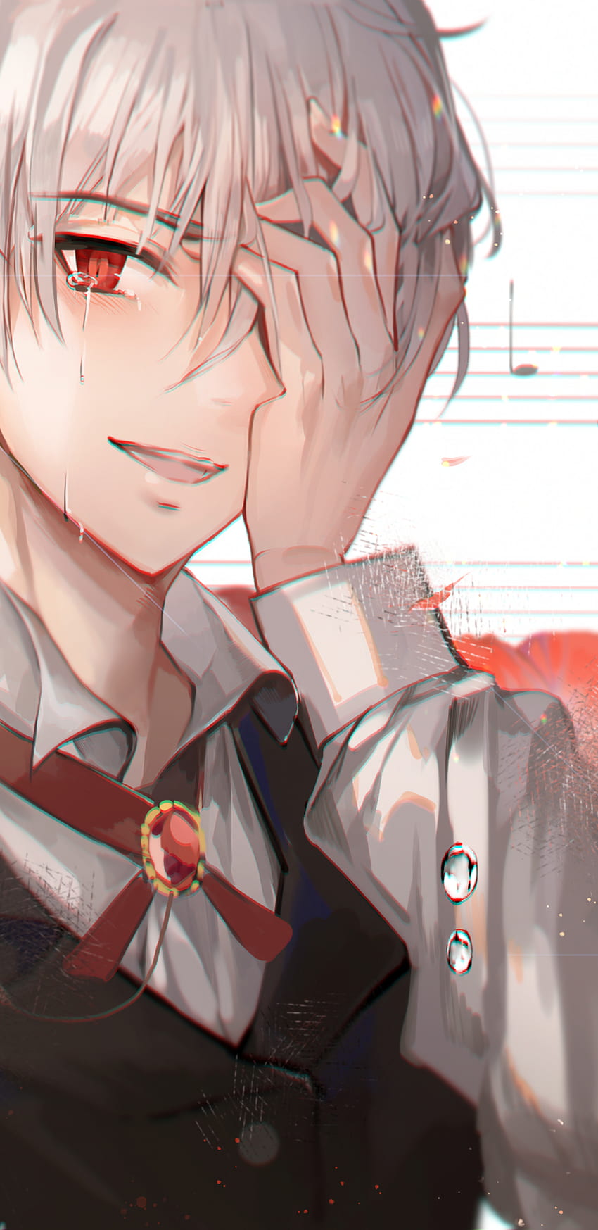 Anime Boy, Crying, Red Eye, Tears, White Hair HD phone wallpaper