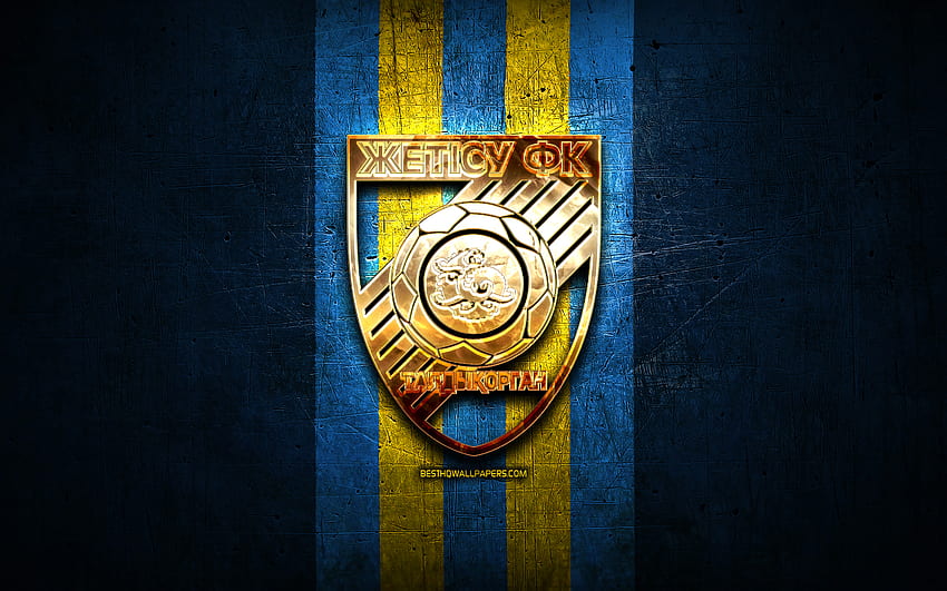 Zhetysu FC, golden logo, Kazakhstan Premier League, blue metal background, football, Kazakh football club, FC Zhetysu logo, soccer, Zhetysu Taldykorgan HD wallpaper