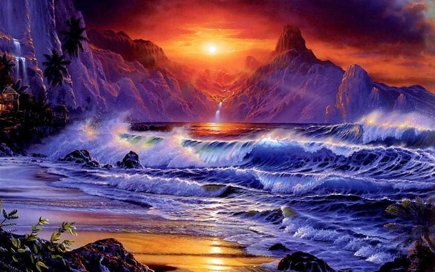 วิวทะเล 3 มิติ คลื่น ฉาก 3 มิติ ภูเขา ดวงอาทิตย์ มหาสมุทร ชายหาด วอลล์เปเปอร์ HD