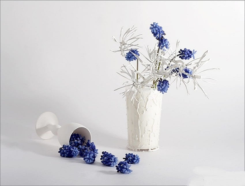 Classy chic, blue, white, vase, beautiful, cup, petals, classy, glass, flowers, chic HD wallpaper