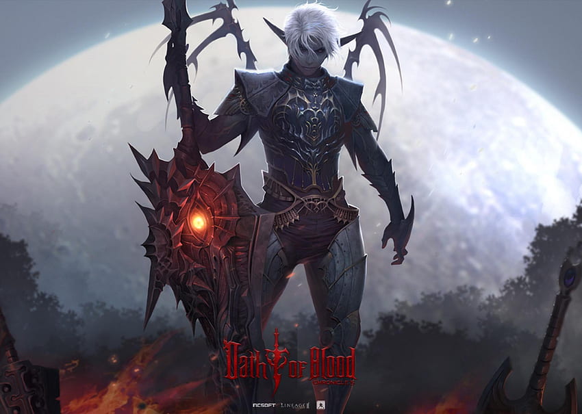 Oath of Blood, games, lineage 2, sword, armour, armor, lone, white hair, lineage ii, lineage, weapon, video games, male HD wallpaper