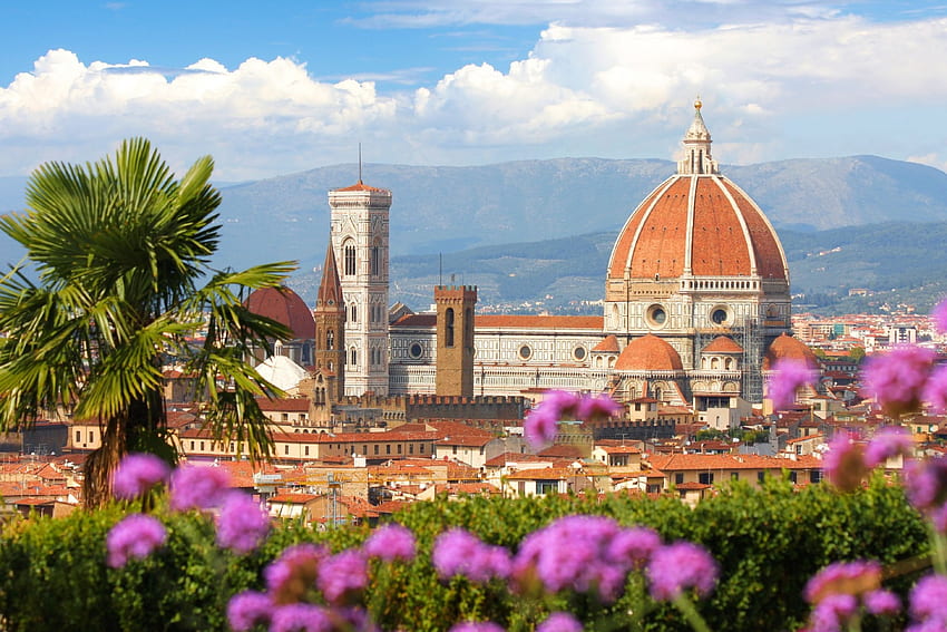 Florencja, Włochy, wieża, kwiaty, toskania, kościół, domy Tapeta HD