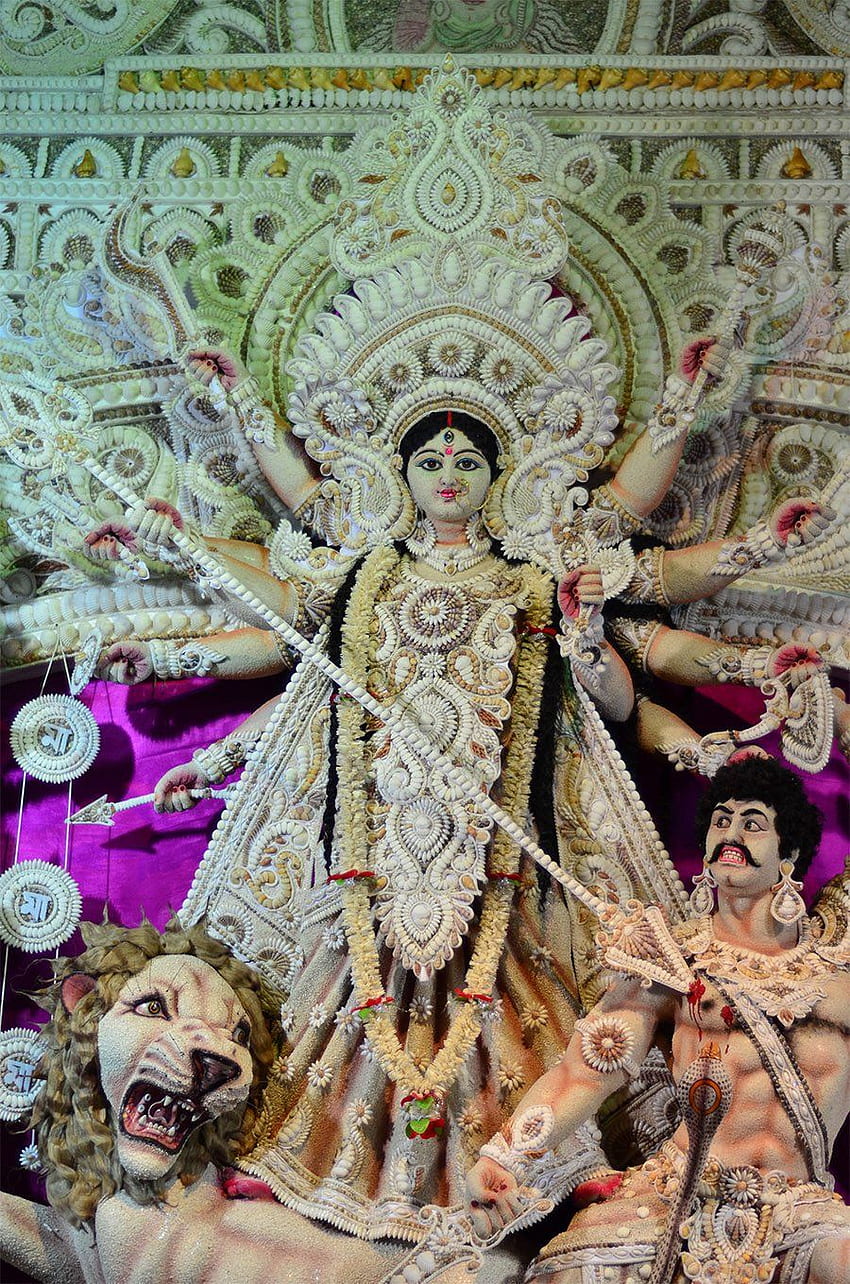Купете 3D Maa Durga Предлага се и в 3D във всички размери за всекидневна, спални стаи, фонова стена за телевизор Печат на стена Decal Deco Вътрешен стенопис / за украса на вашия, Maa Sherawali HD тапет за телефон