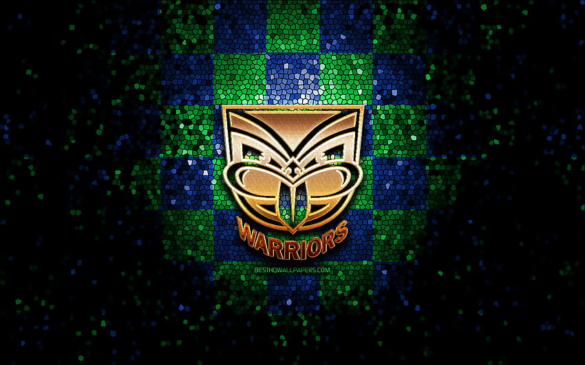 New Zealand Warriors, Glitzerlogo, NRL, grün-blau karierter Hintergrund, Rugby, australischer Rugby-Club, New Zealand Warriors-Logo, Mosaikkunst, National Rugby League HD-Hintergrundbild