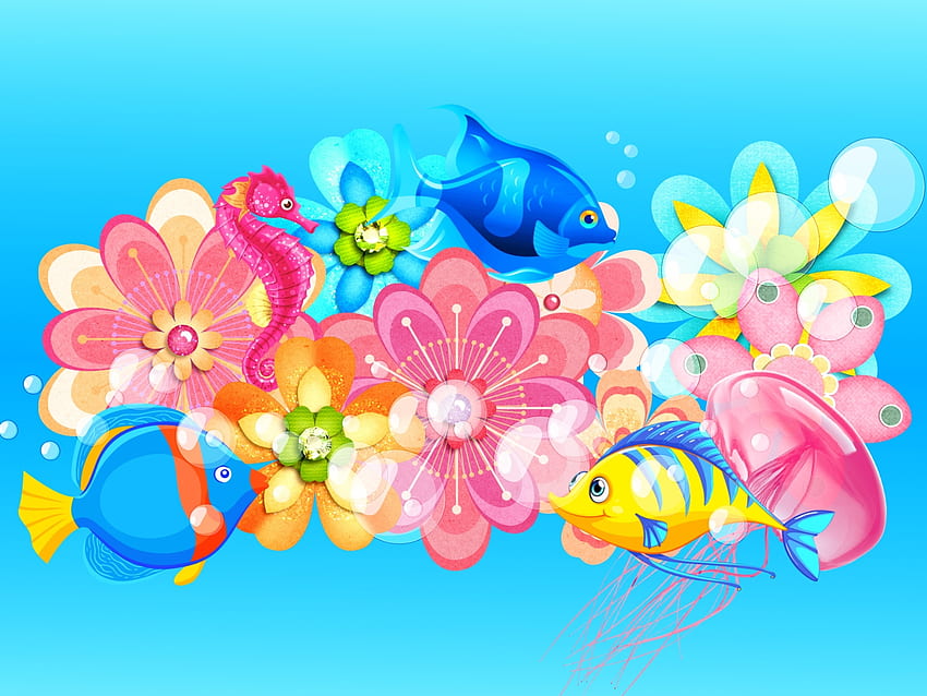 Underflowers, colorful, underwater, flowers, fish HD wallpaper