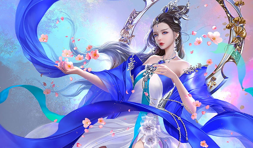 Blue Veils, blue, digital, art, fantasy, , beautiful, girl, woman HD wallpaper